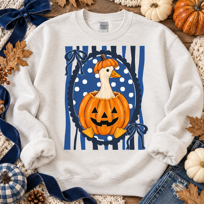Goose in Jack-O-Lantern Pumpkin Blue Polka Dot Bow (DTF)