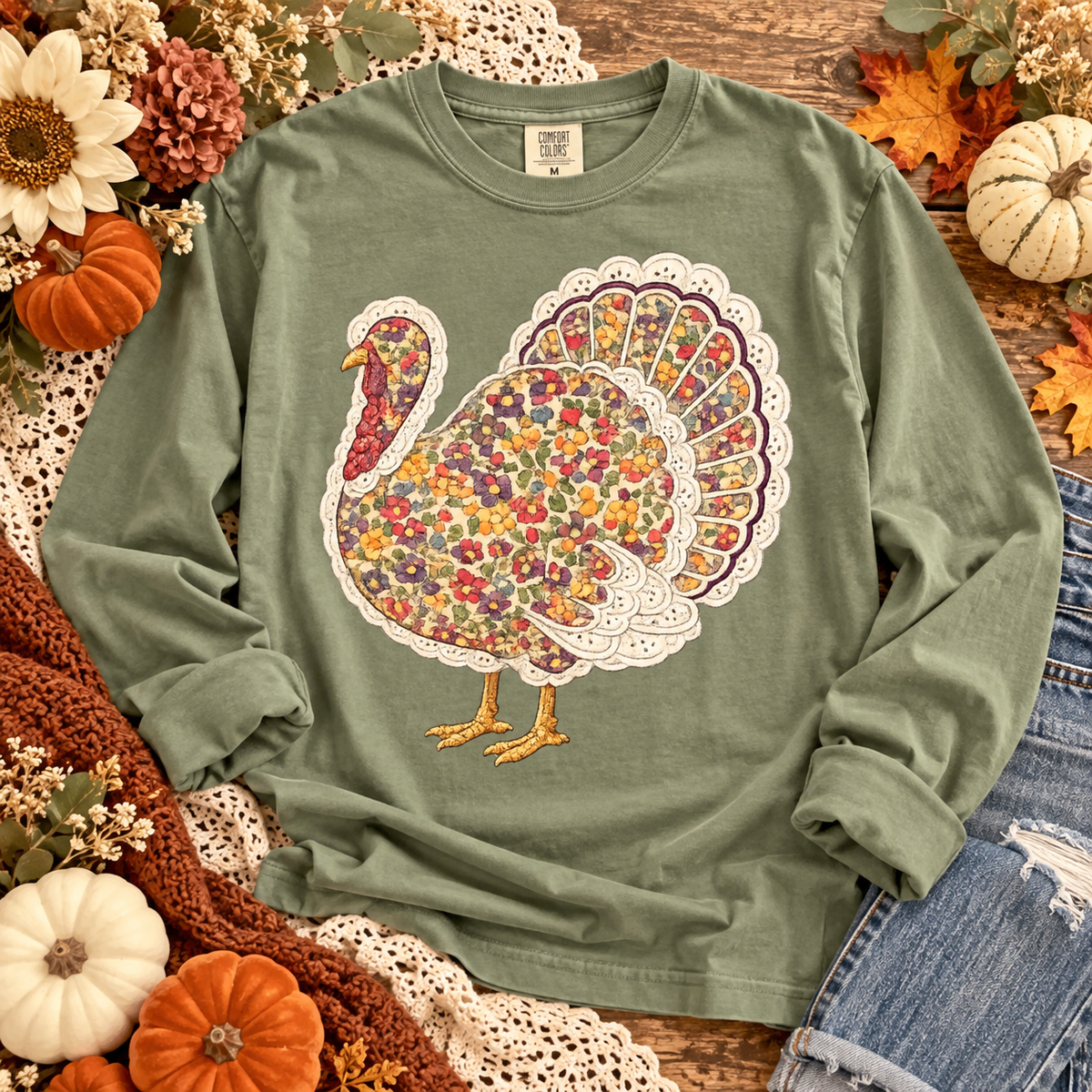 Floral Patchwork Turkey with Scalloped Tail Feathers (DTF)