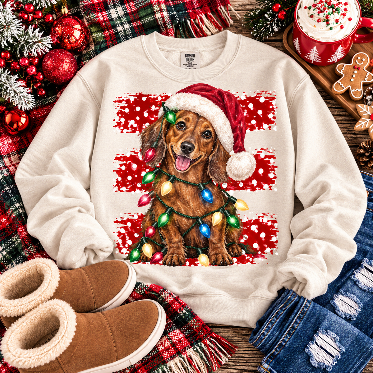 Dachshund Santa Hat Wrapped in Christmas Lights (DTF)