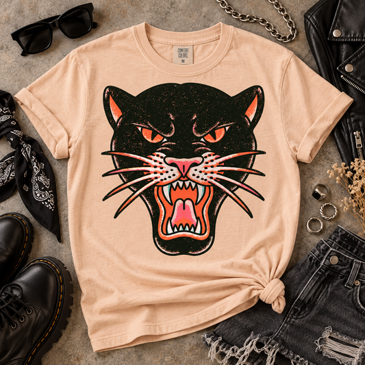 Vintage Distressed Black Panther Face Roaring Traditional Tattoo Style (DTF)