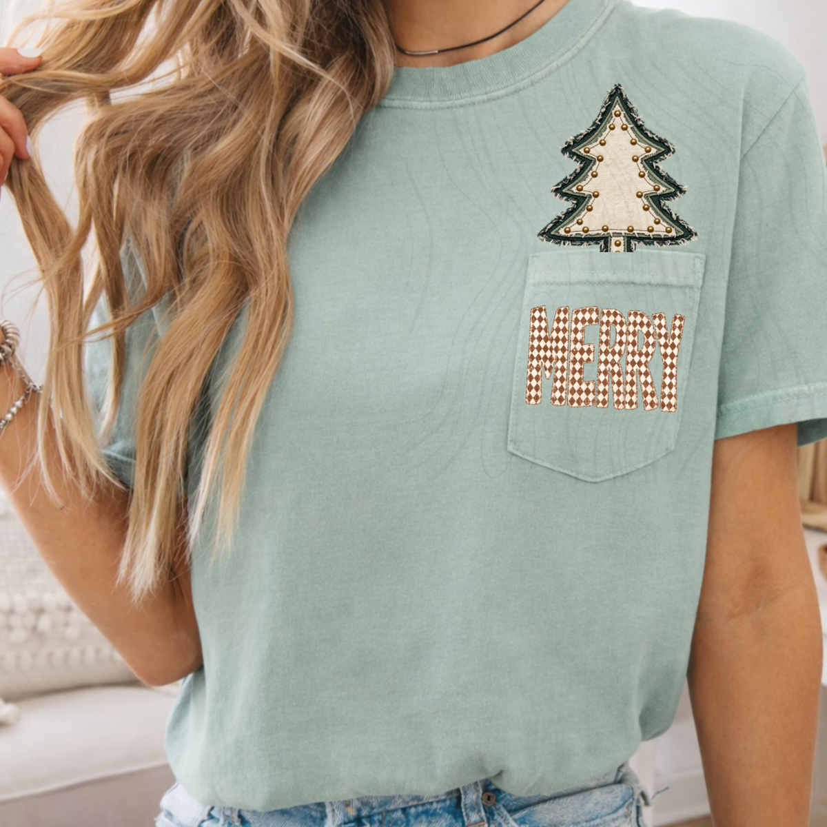 Rustic Fabric Christmas Tree Gold Studs Merry (DTF)