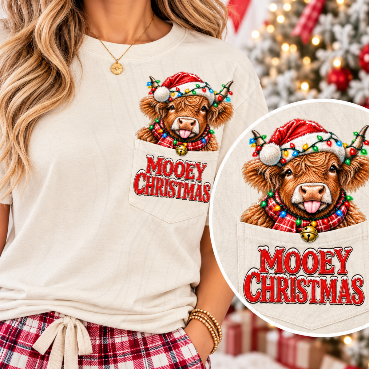 Mooey Christmas Highland Cow Santa Hat Lights (DTF)
