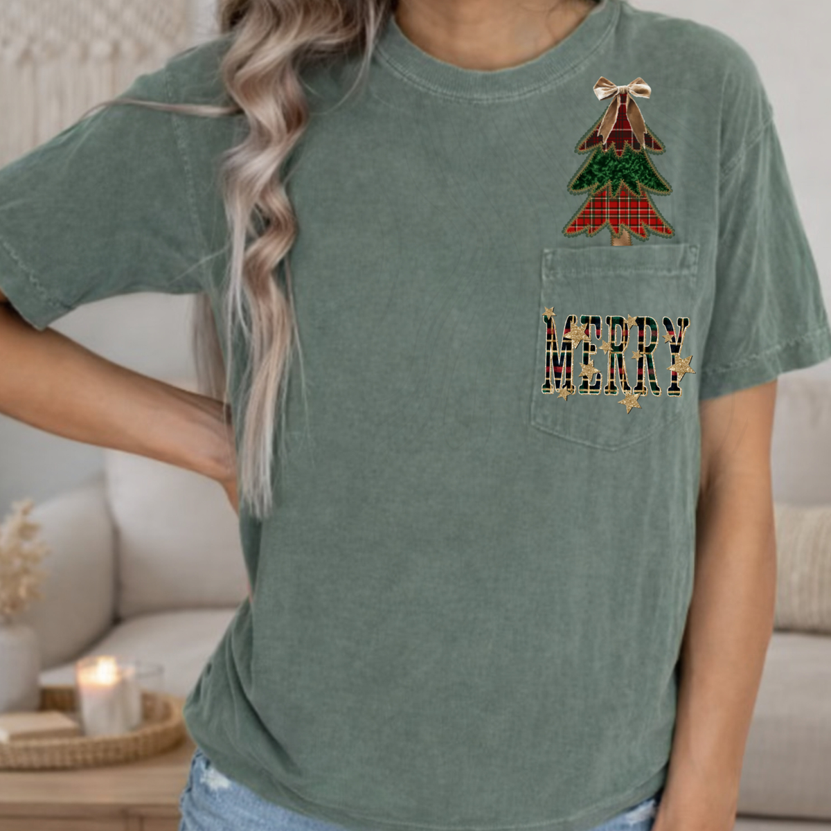 Plaid Patchwork Christmas Tree Merry Stars (DTF)