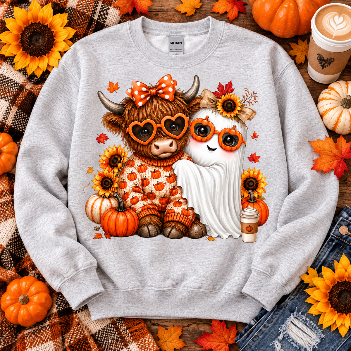 Cute Highland Cow & Ghost Fall Halloween Besties (DTF)