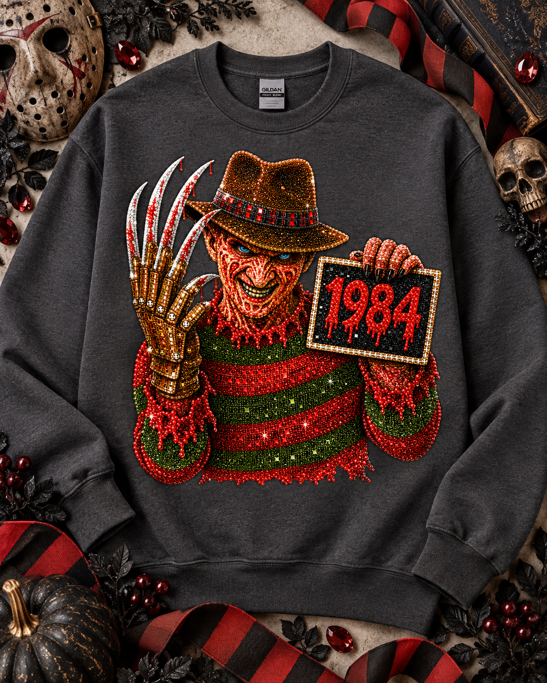 Rhinestone Horror Slasher Villain Holding 1984 Sign (DTF)