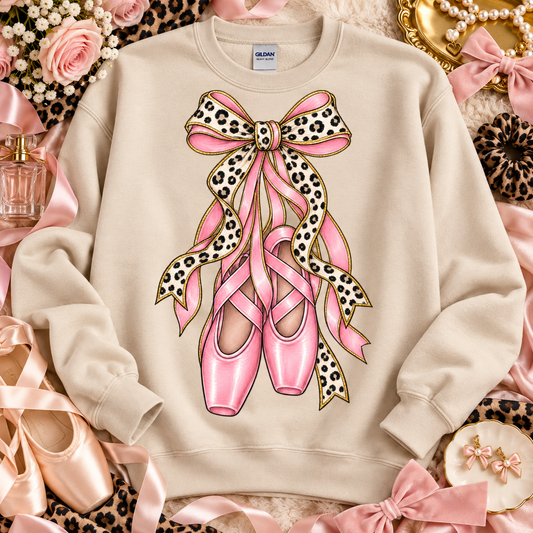 Pink Ballet Pointe Shoes Leopard Print Gold Bow (DTF)
