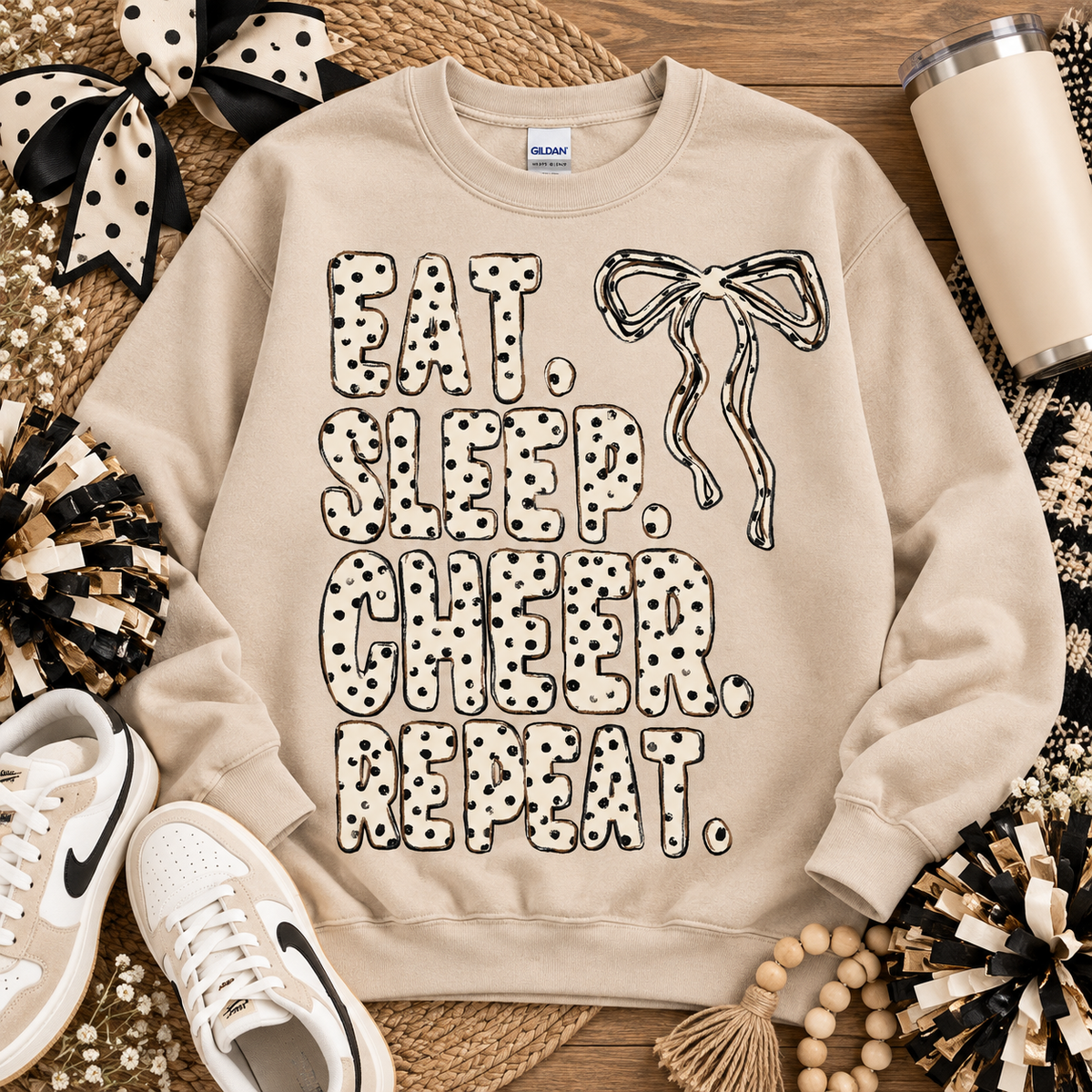 Eat Sleep Cheer Repeat Polka Dot Bow Lettering (DTF)