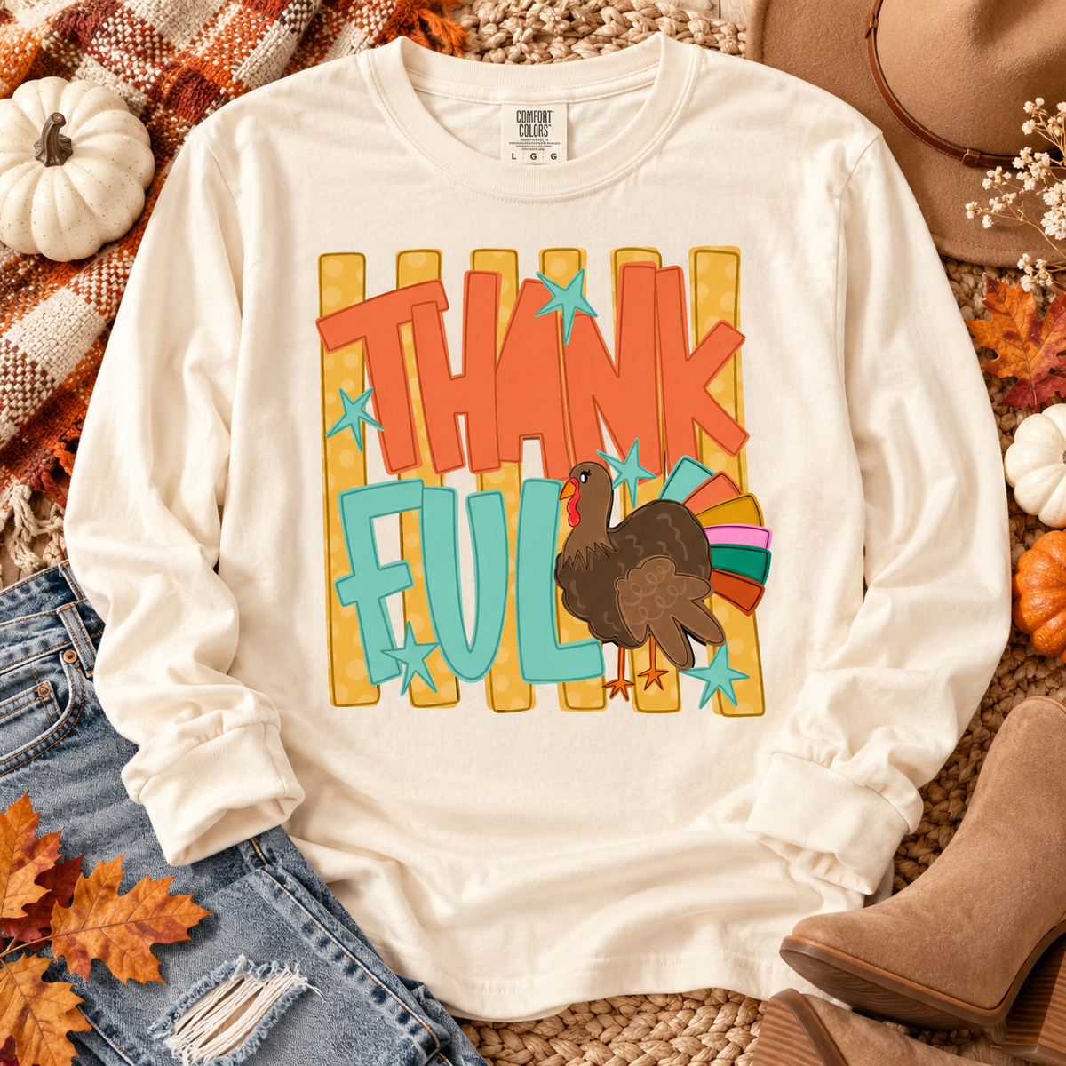 Thankful Turkey Colorful Tail Feathers Fence Stars (DTF)