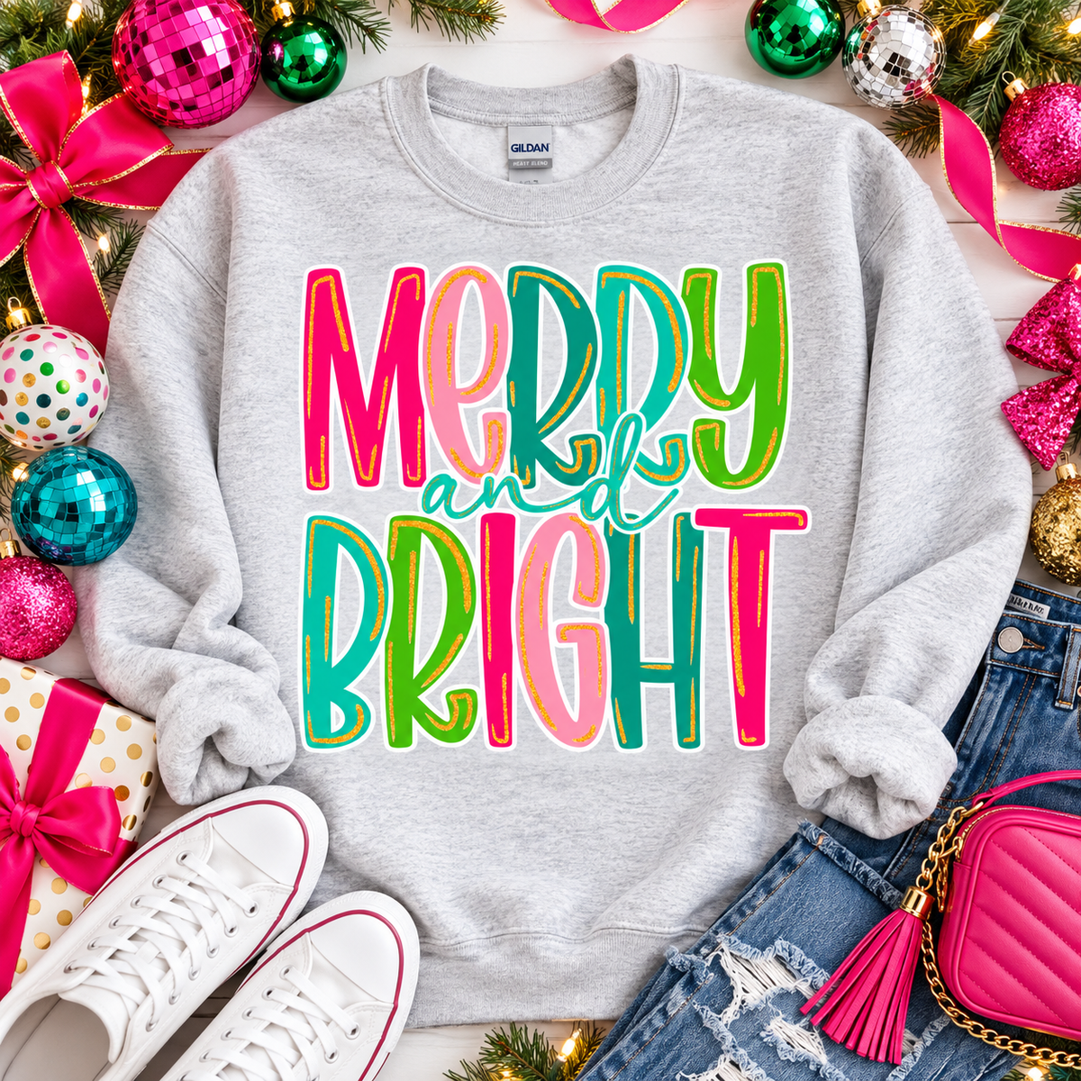 Merry and Bright Colorful Bold Holiday Lettering (DTF)