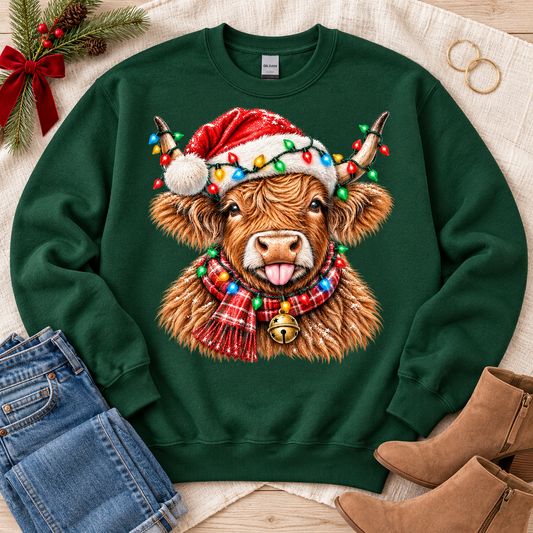 Fluffy Highland Cow Santa Hat Christmas Lights Scarf Bell (DTF)