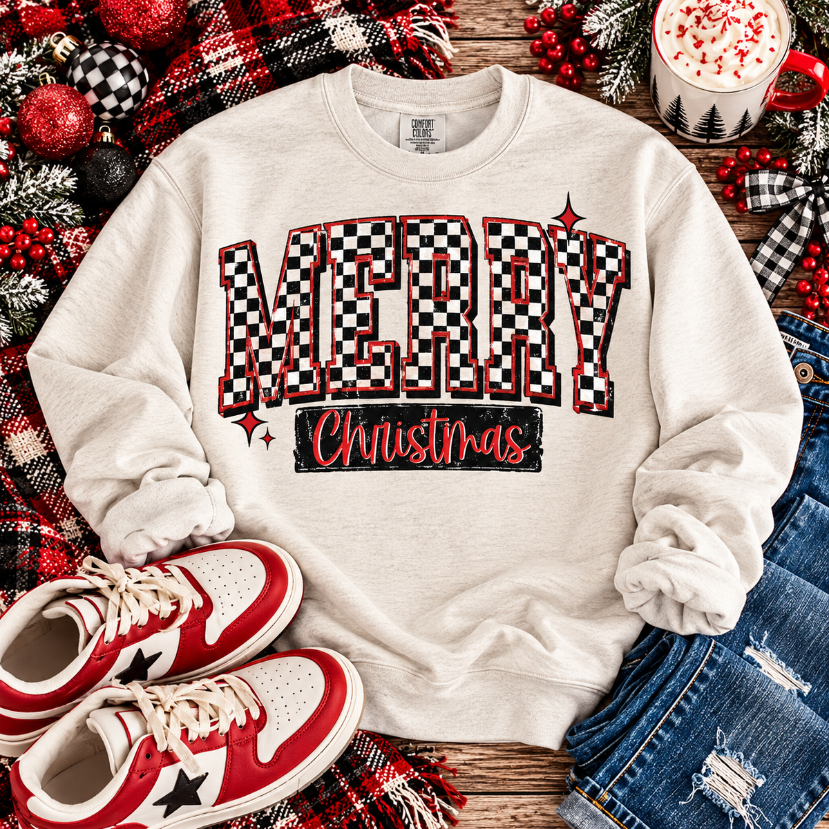 Merry Christmas Black White Checkered Bold Letters (DTF)
