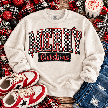 Merry Christmas Black White Checkered Bold Letters (DTF)