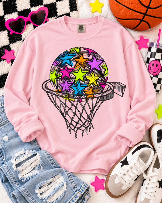 Colorful Star-Covered Ball Going Through Basketball Hoop (DTF)
