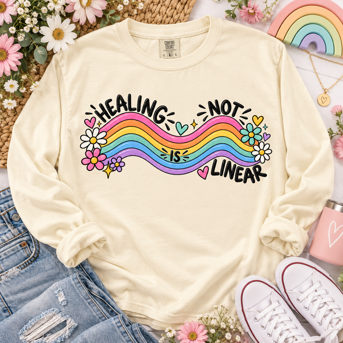 Healing Is Not Linear Rainbow Wave Floral Design (DTF)