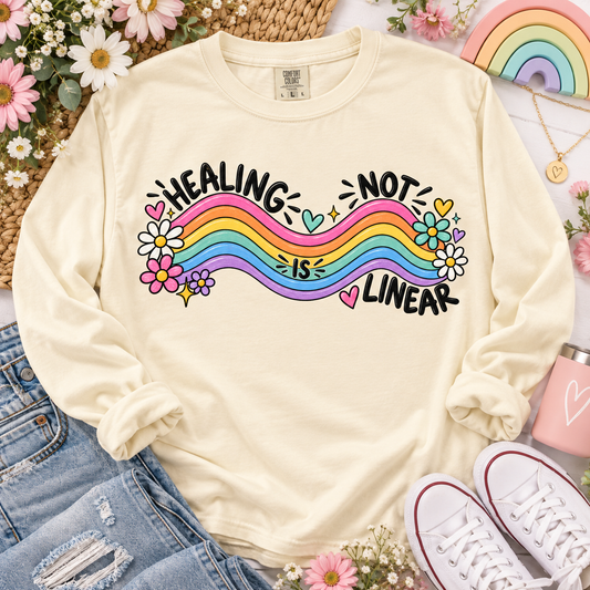 Healing Is Not Linear Rainbow Wave Floral Design (DTF)