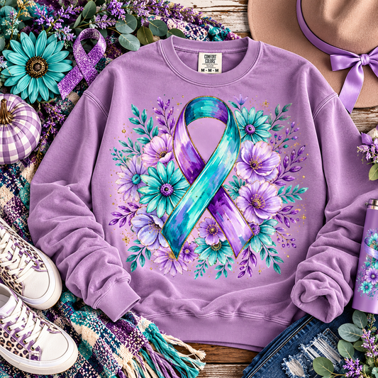 Teal Purple Awareness Ribbon Floral Gold Sparkle (DTF)