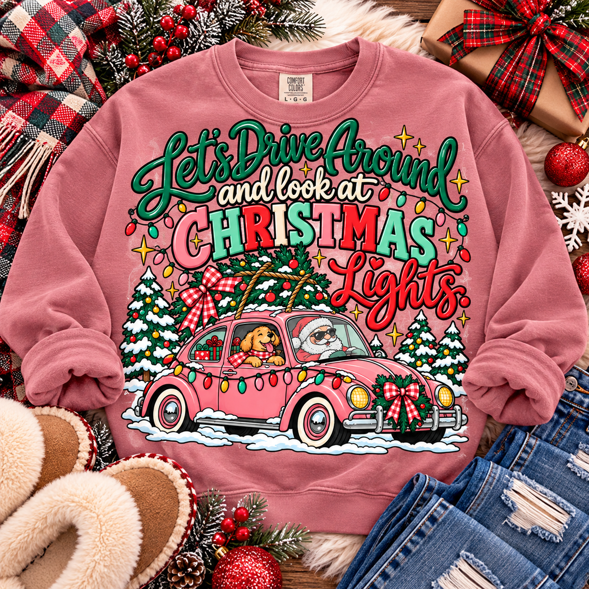 Let's Drive Around and Look at Christmas Lights Santa Pink Car (DTF)