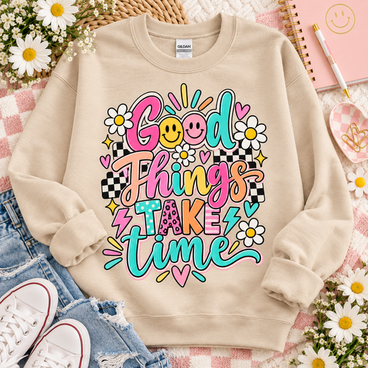 Good Things Take Time Retro Groovy Smiley Daisy (DTF)