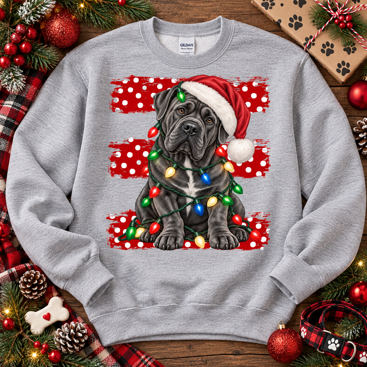 Gray Mastiff Santa Hat Wrapped in Christmas Lights (DTF)