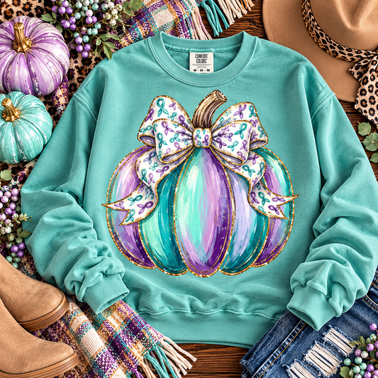 Teal Purple Glitter Pumpkin Awareness Ribbon Bow (DTF)