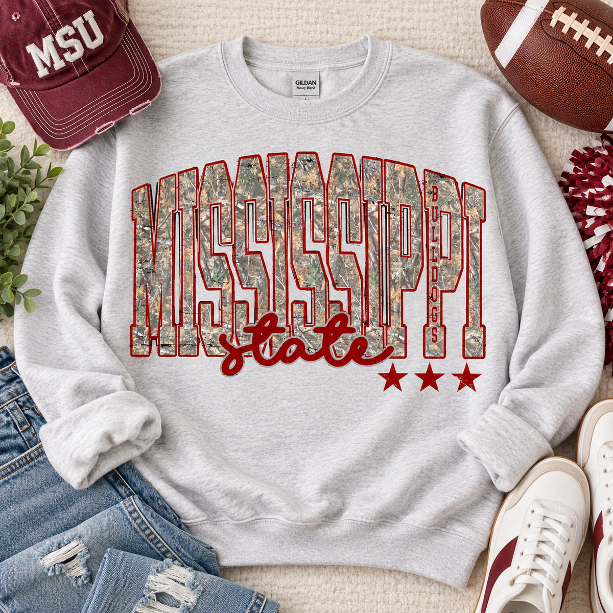 Mississippi State Bulldogs Camo Distressed Stars Design (DTF)