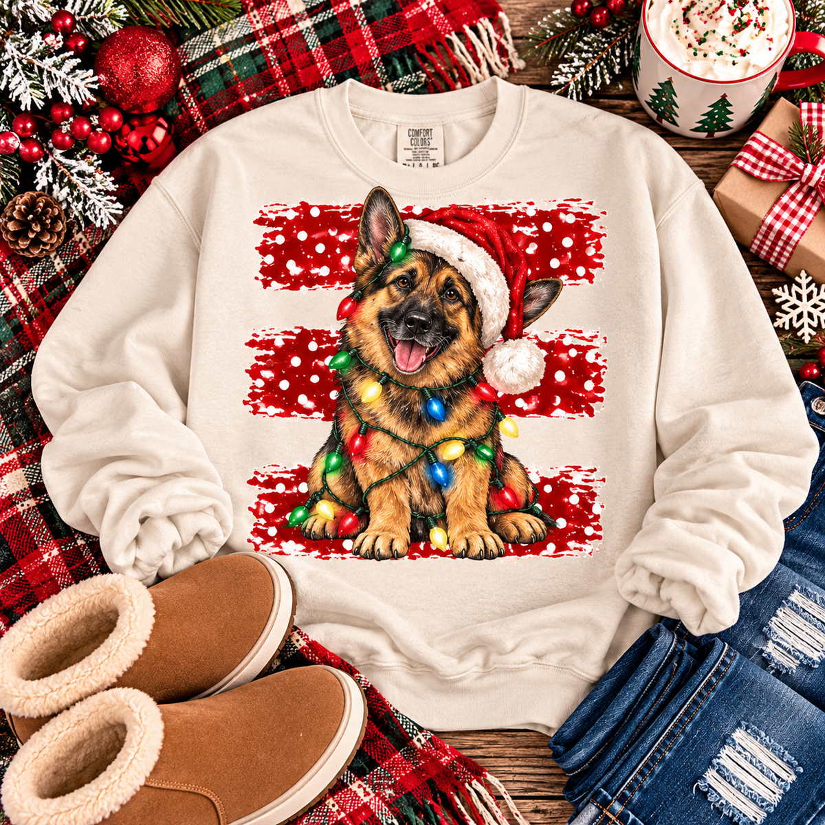 Festive German Shepherd Santa Hat Christmas Lights (DTF)