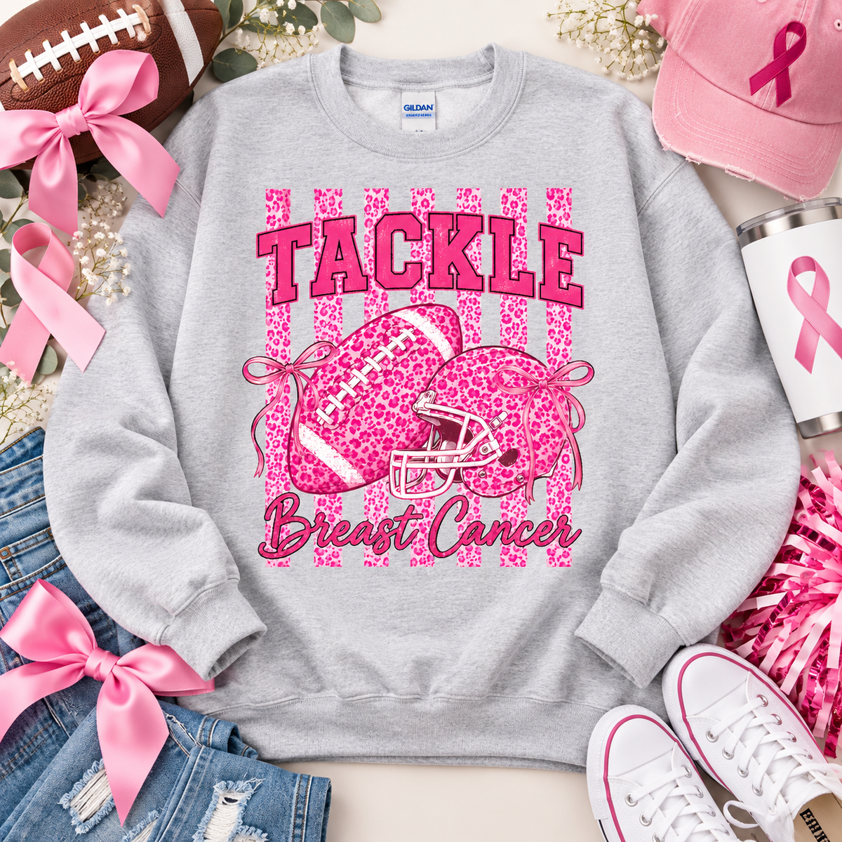 Tackle Breast Cancer Pink Leopard Football Helmet Bows (DTF)