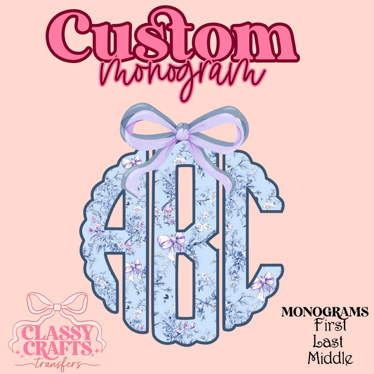 Light Blue Coquette Floral - Custom Monogram Transfer