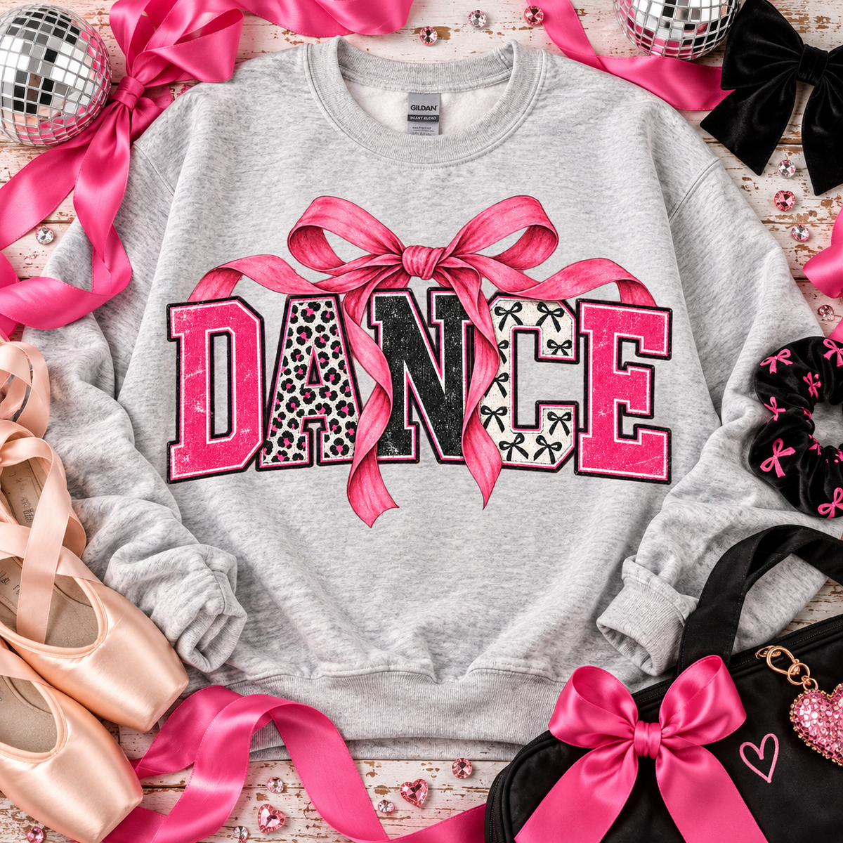 DANCE Varsity Letters Leopard Bow Pattern Pink Ribbon (DTF)