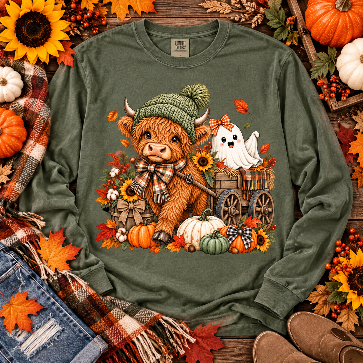 Cute Highland Cow & Ghost Fall Harvest Wagon (DTF)