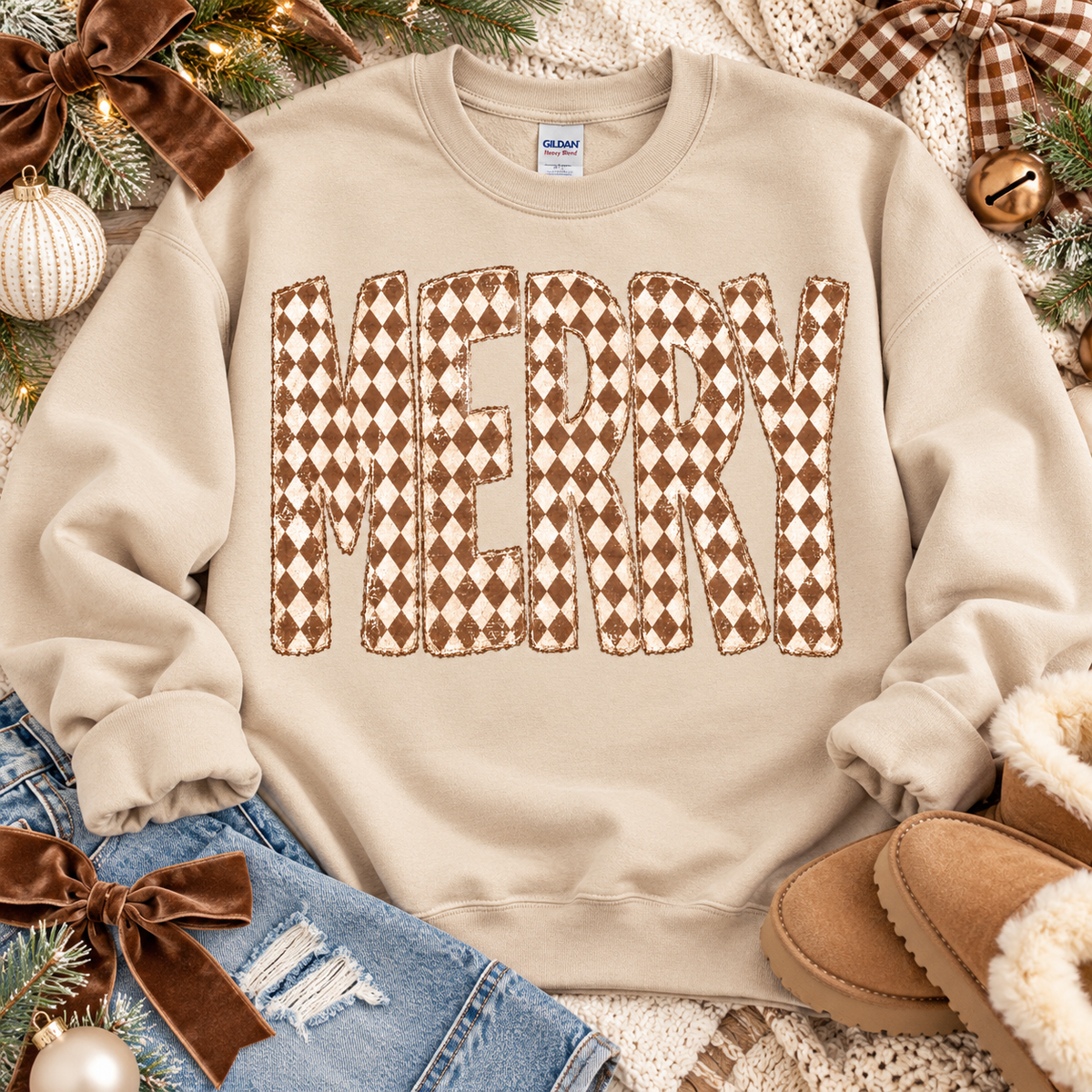 Merry Brown Cream Diamond Harlequin Pattern Word (DTF)