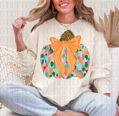 Colorful Confetti Pumpkin with Orange Bow Gold Glitter (DTF)