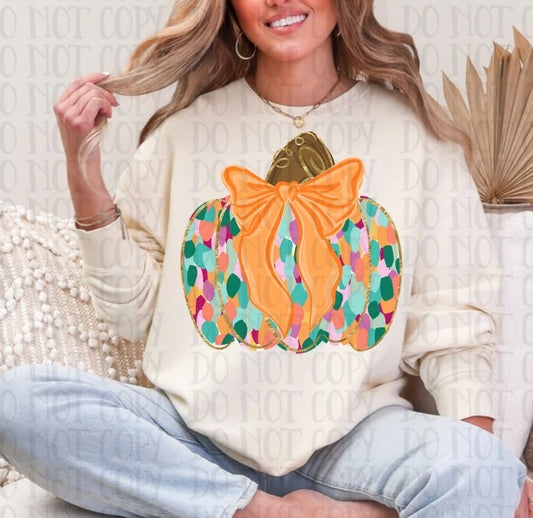 Colorful Confetti Pumpkin with Orange Bow Gold Glitter (DTF)