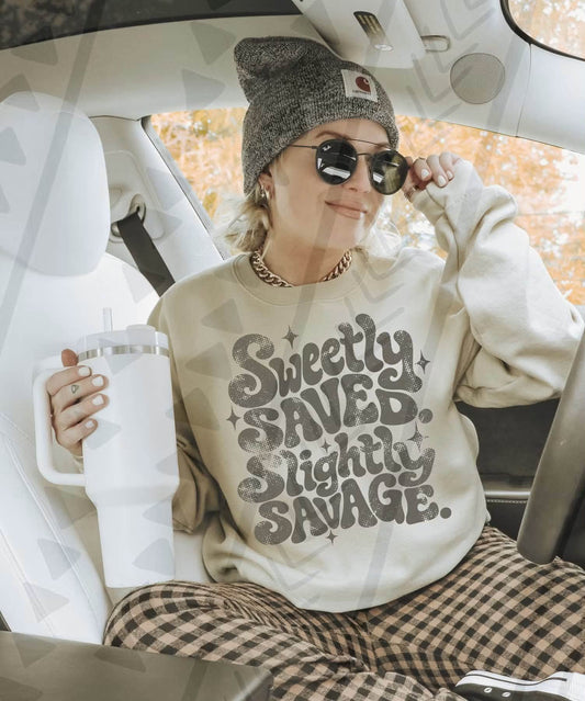 Sweetly Saved Slightly Savage Retro Groovy Typography (DTF)