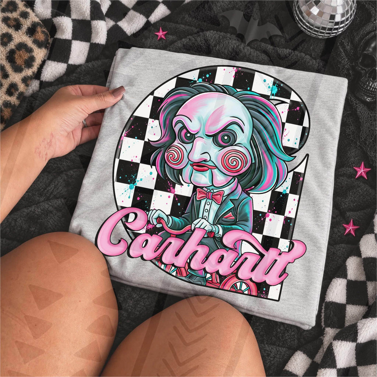 Horror Puppet Riding Tricycle Checkered Background (DTF)