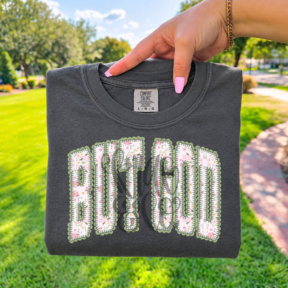 Floral Applique Stitch But God Letters (DTF)