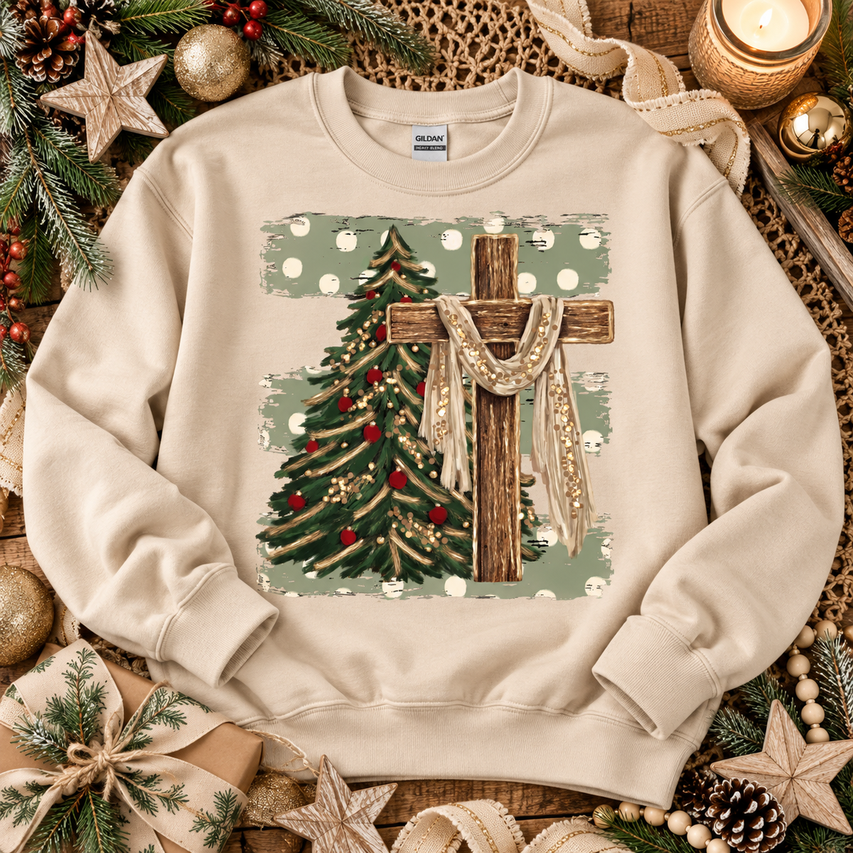 Rustic Wooden Cross with Draped Cloth and Christmas Tree (DTF)