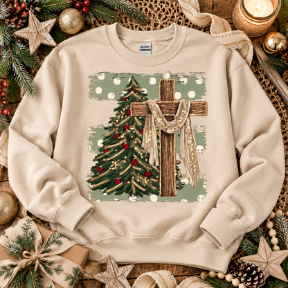 Rustic Wooden Cross with Draped Cloth and Christmas Tree (DTF)