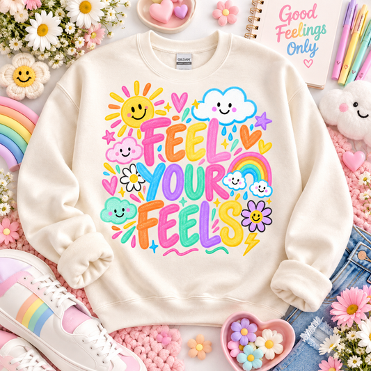 Feel Your Feels Colorful Smiley Clouds Rainbow Sun (DTF)