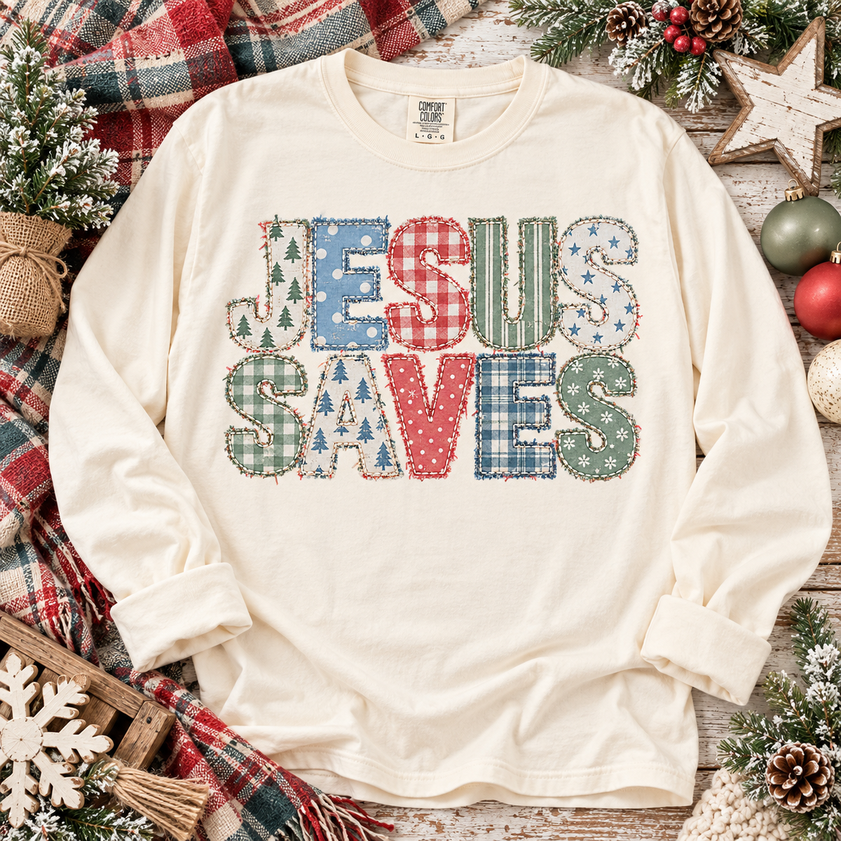 Jesus Saves Patchwork Fabric Applique Letter Design (DTF)