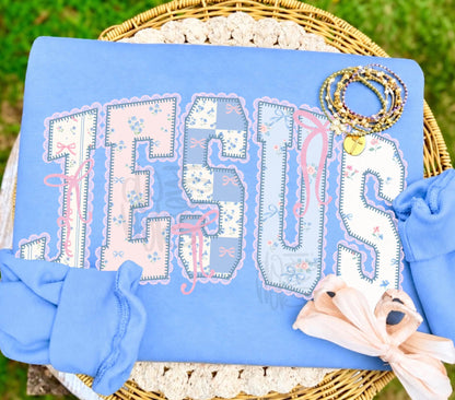 Coquette Floral Patchwork JESUS Varsity Letters with Bows (DTF)