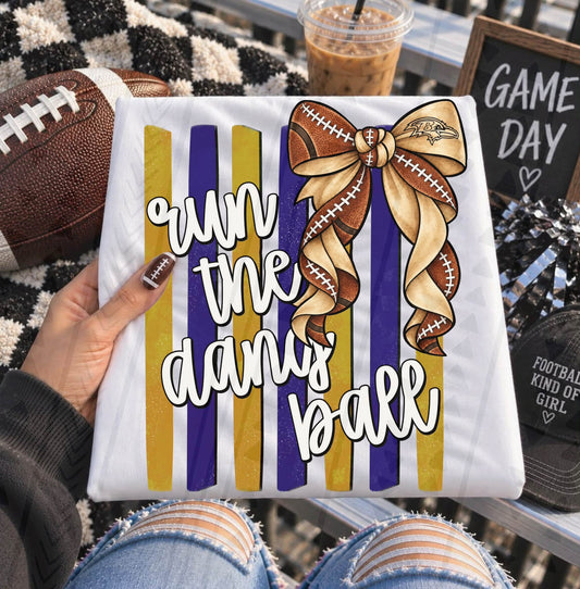 Run The Damn Ball Football Bow Purple Gold Stripes (DTF)