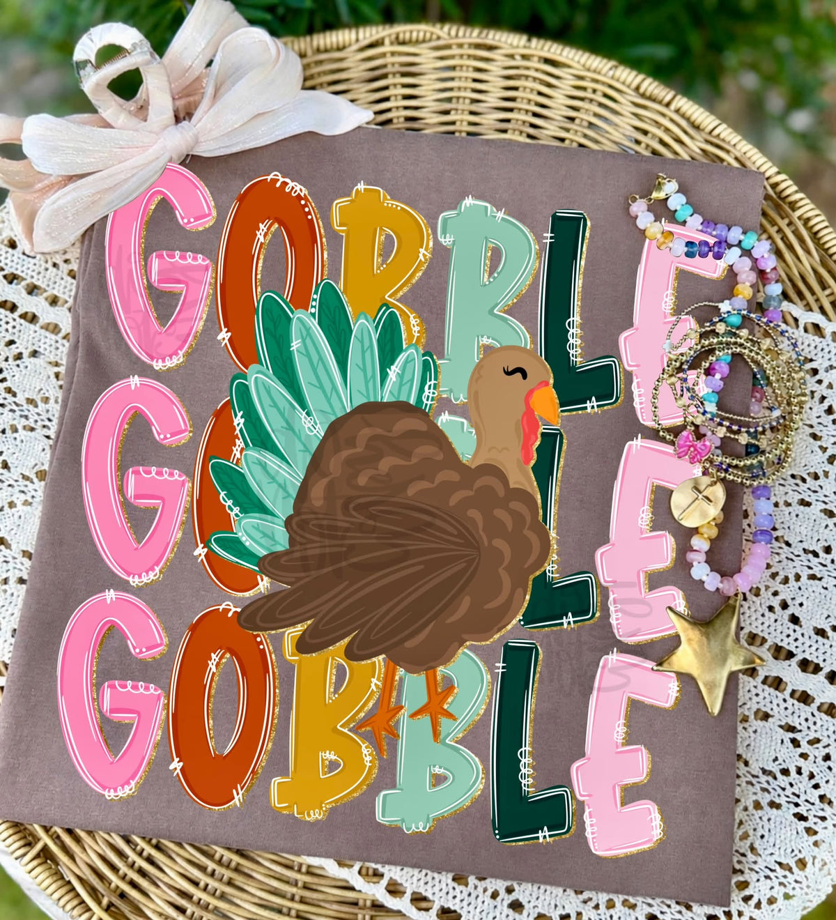 Gobble Gobble Thanksgiving Turkey Colorful Stacked Text (DTF)