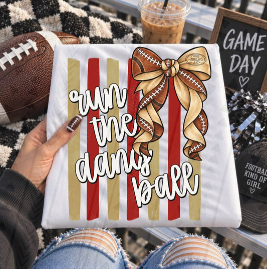 Run The Damn Ball Football Bow Red Gold Stripes (DTF)