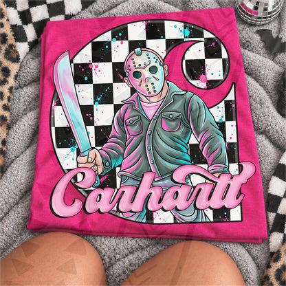 Pink Teal Horror Masked Killer Checkered Machete (DTF)