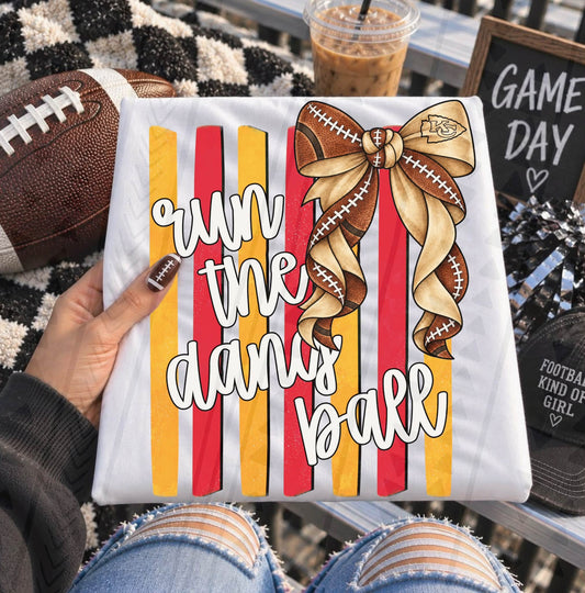 Run The Damn Ball Football Bow Red Gold Stripes (DTF)