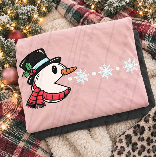 Christmas Snowman Arcade Character Eating Snowflakes (DTF)