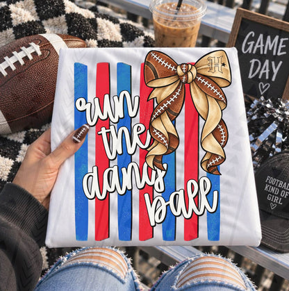 Run The Damn Ball Football Bow Red Blue Stripes (DTF)