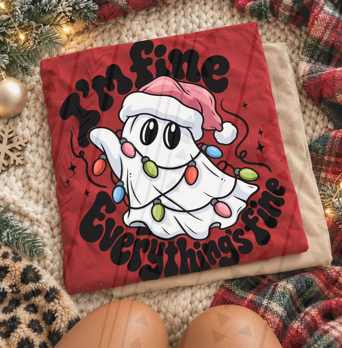 I'm Fine Everything's Fine Christmas Ghost Santa Hat Lights (DTF)