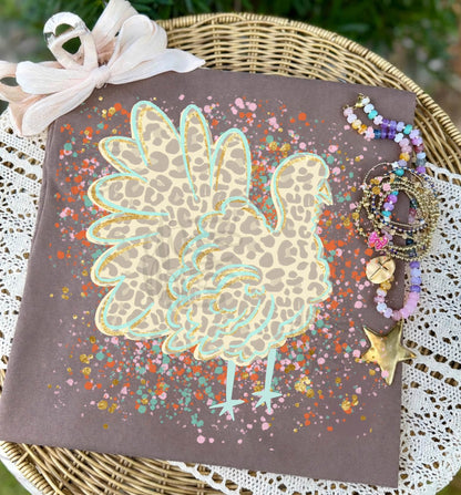 Leopard Print Turkey with Gold Teal Confetti Splatter (DTF)